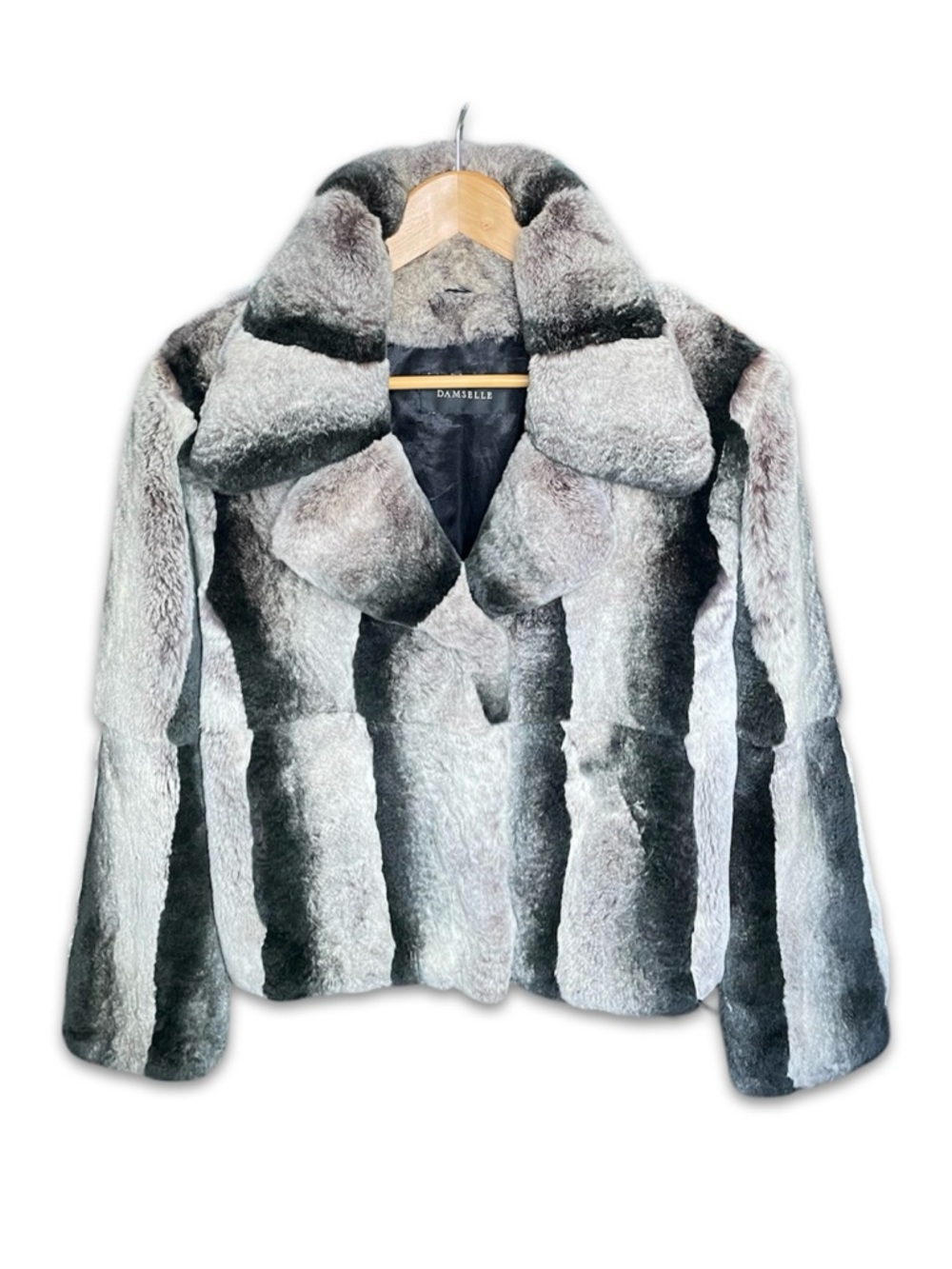 Damselle Chinchilla Rex Genuine Fur Jacket Gray Plush Collar Coat Medium Luxury